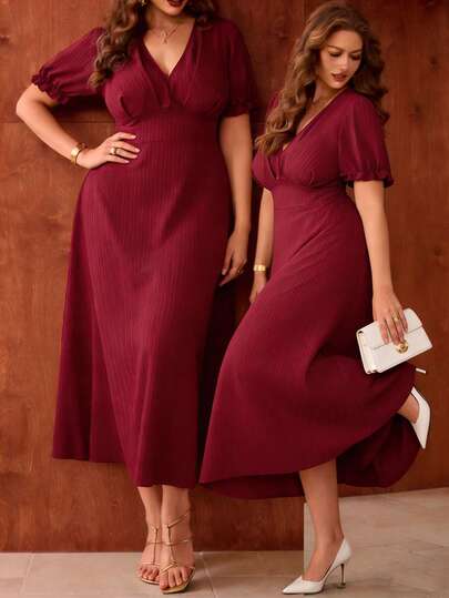 Auvina Plus Size Women's V-Neck Short Sleeve Textured Fabric Casual Dress With Puff Sleeves, Elegant Wine Red
