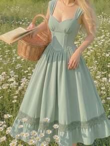 Skyraze Women's Sage Green Summer Modest Garden Party Dress,Sweetheart Neck Lace Trim Strappy Elegant Mid-Length Tea Party Wedding Guest Graduation Dresses - Green - View 3