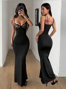Coolane Vestido maxi negro de encaje cómodo para salir, estilo callejero, vacaciones y primavera/verano Y2K para mujer - Negro - Ver 2