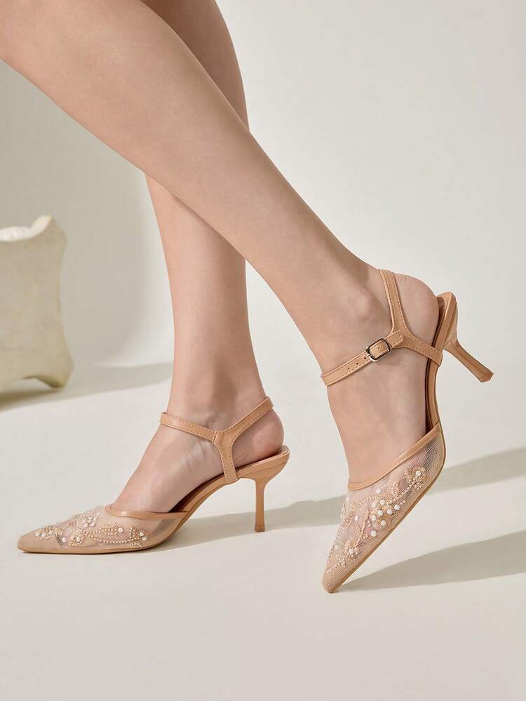 CUCCOO CHICEST Women's Fashion Pointed Toe Apricot Color Embroidery Mesh Pearl Banquet Elegant Lace-Up Stiletto High Heel Pumps