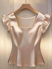 GlowEve Women's Champagne Square Collar Satin Double-Layer Short Sleeve Blouse - Champagne - View 1