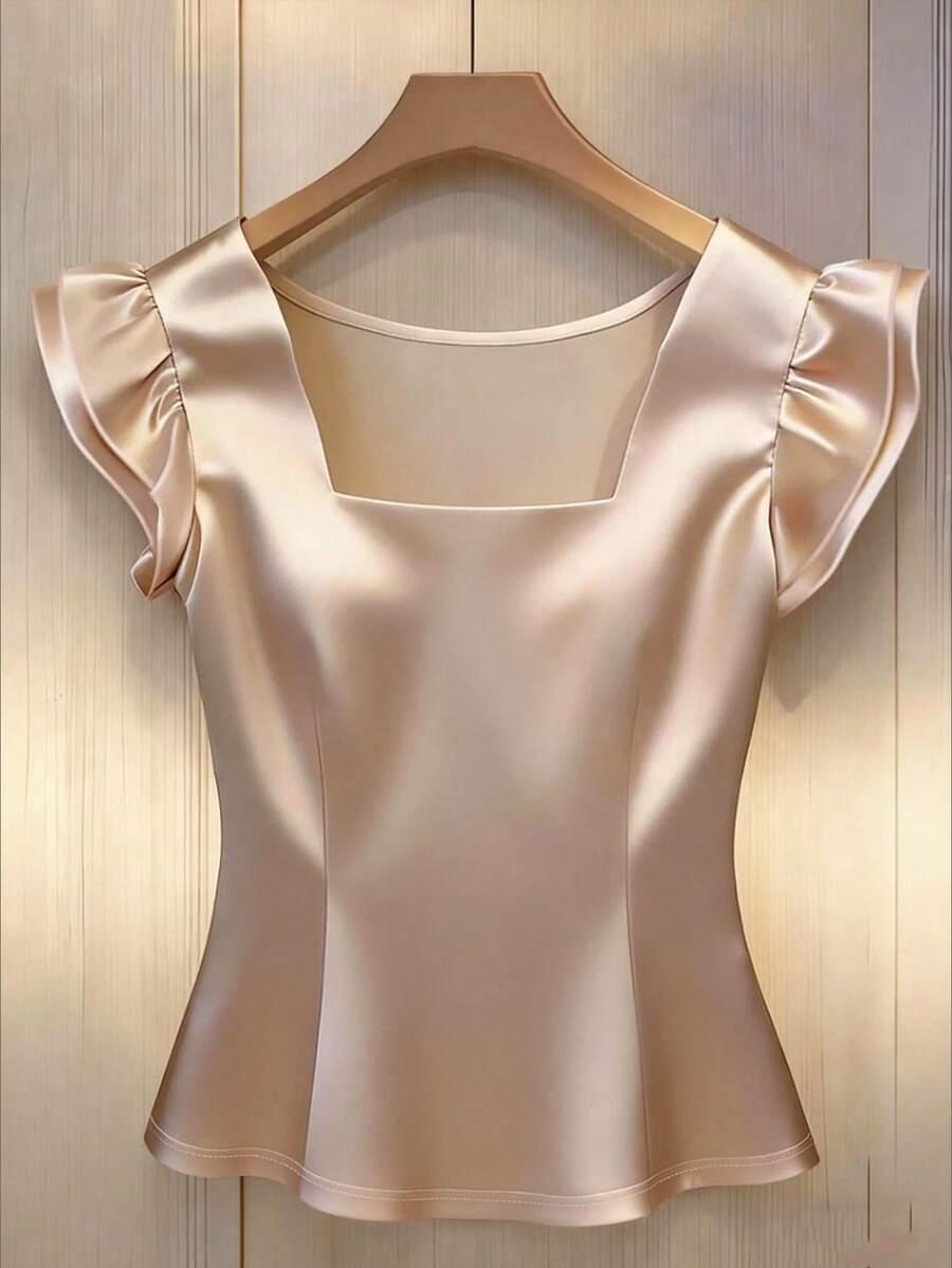 GlowEve Women's Champagne Square Collar Satin Double-Layer Short Sleeve Blouse - Champagne - View 1