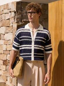 Manfinity CityGents Men's Vacation Casual Striped Short Sleeve Hollow-Out Knit Top Men Italy Vacation Outfits Men's Crochet Shirts Men's Resort Wear - Multicolor - View 1