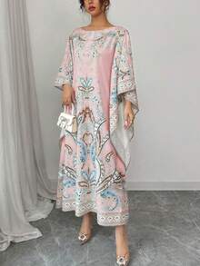 Rafferiza Bata elegante y holgada con estampado digital de colocación de estilo medio oriental, cuello redondo y manga 3/4 para mujeres, primavera/verano - Rosa - Ver 7