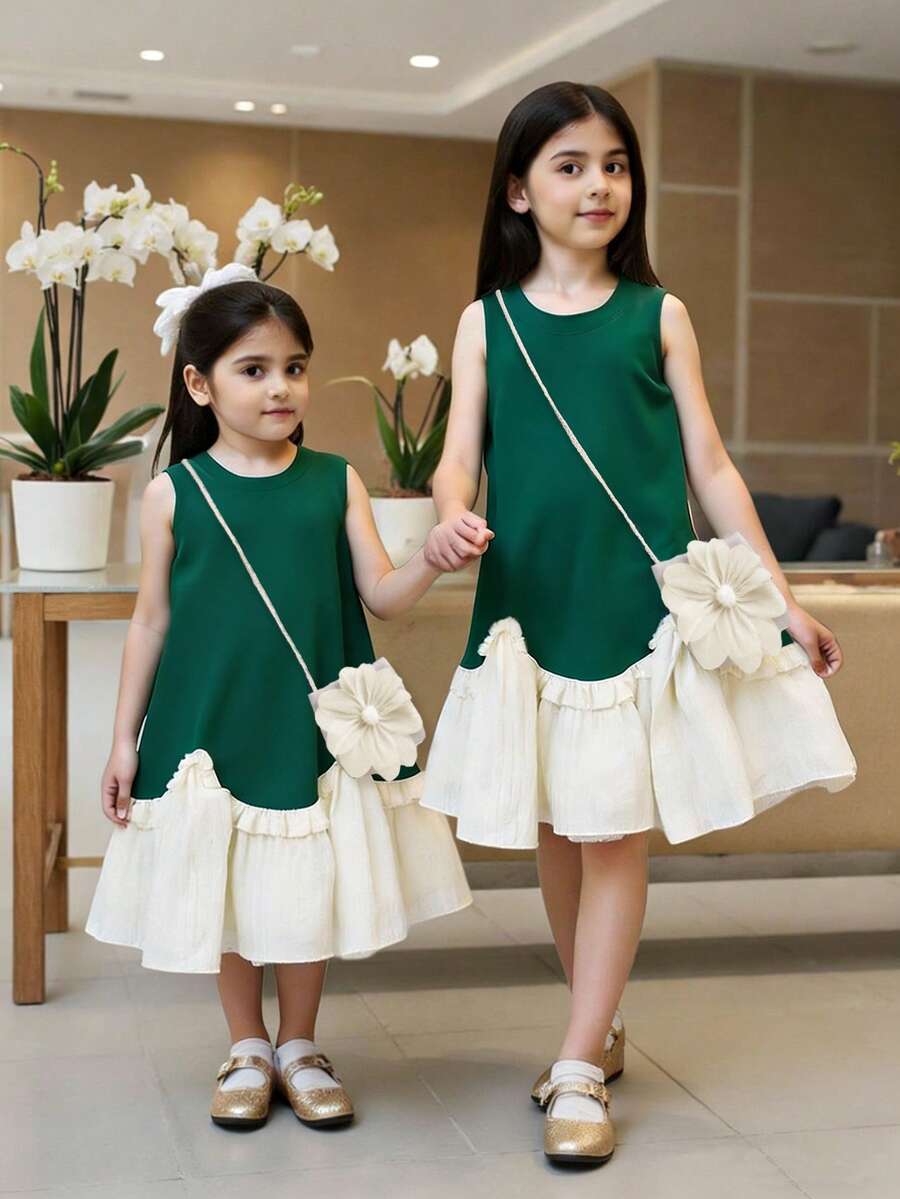 Elladie kids Váy công chúa không tay viền bèo nhún chắp vá mùa hè cho bé gái kèm túi dệt hoa 3D - Màu xanh lá cây đậm - Xem 1