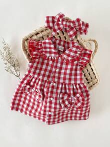SHEIN Newborn Casual Everyday Bow Tie Red & White Plaid Cap Sleeve Dress + Headband, Versatile For Summer Outings, Photo Shoots Or Daily Wear - Red - View 7