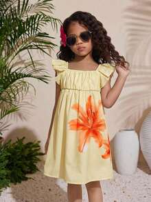 Young Girls Cute Floral Ruffle Hem Loose A-Line Casual Vacation Home Outdoor Back To School Dress, Spring/Summer - Yellow - View 3