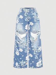 SHEIN MOD Plus Size Women Floral Print Distressed Pocket Button Decor Casual Wide Leg Jeans - Light Wash - View 6