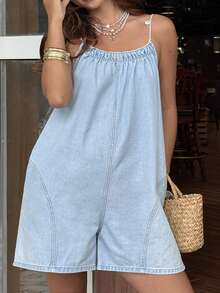 Sunnyshic Women's Vacation Pocket Loose Casual Strap Denim Jumpsuit - Blue - View 6