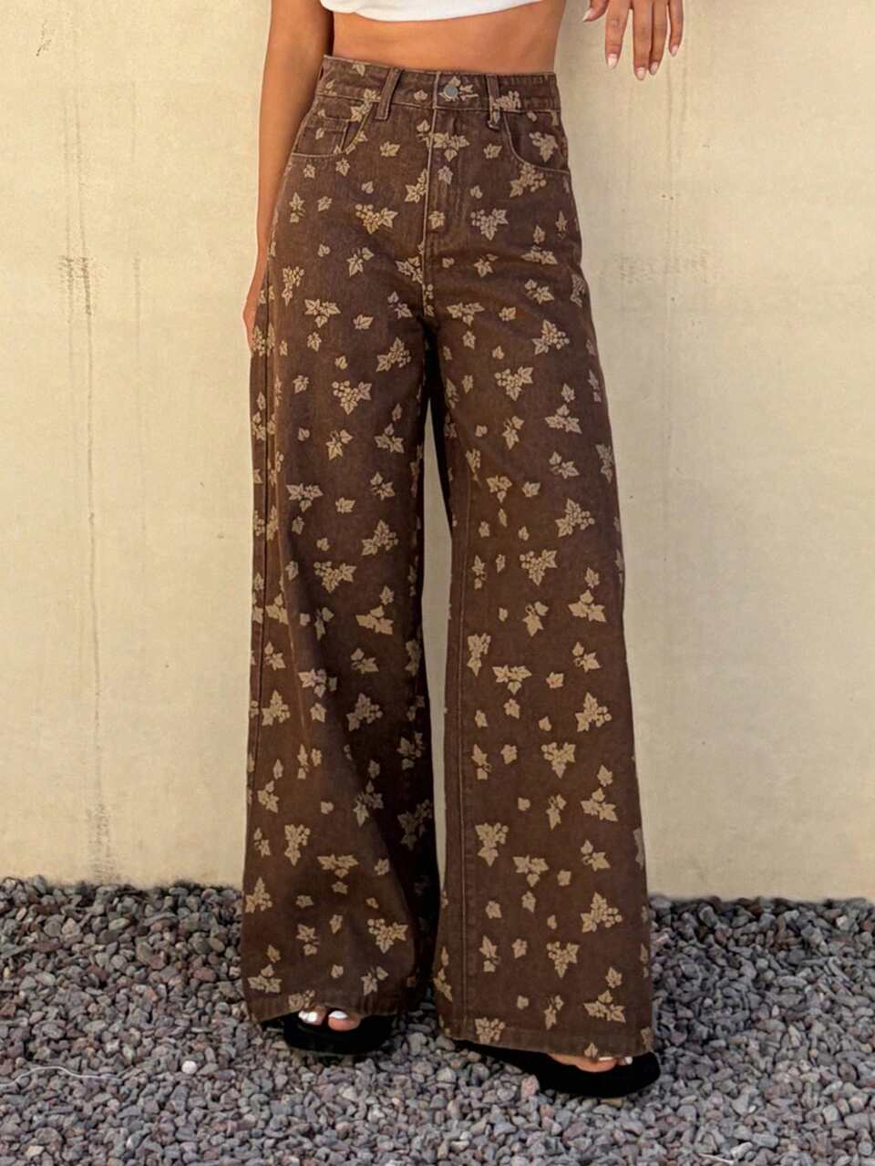 Women's Low Waist Loose Printed Straight Leg Casual Jeans, Brown Boho Vacation Outfits Women