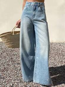 DAZY Quần jeans nữ ống đứng dáng rộng, cạp универсальный, thiết kế đính đá lấp lánh, phong cách Y2K thường ngày và thanh lịch. - Rửa nhẹ - Xem 4