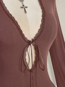 SHEIN ICON 大码女式蕾丝拼接喇叭袖连体裤 - 棕色 - 查看 8