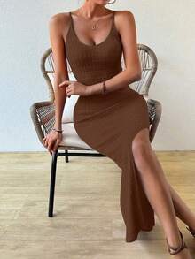 Breezaya Đầm dệt kim hai dây ôm sát, màu trơn, xẻ tà bên hông dành cho nữ - Màu nâu Sô-cô-la - Xem 5