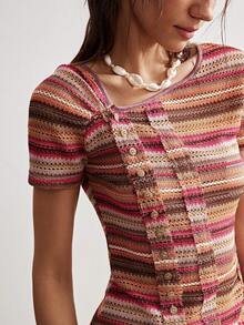 Bohemela Women's Pink Stripe Y2K Summer Boho Vacation Imitation Crochet Knitted Asymmetrical Placket T-Shirt,Bohemian Music Festival Casual Short Sleeve Top - Multicolor - View 7