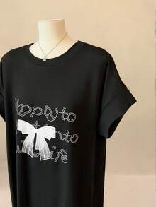 GlowEve Round Neck T-Shirt Dress For Women, Loose Casual Retro Fashionable Butterfly & Letter Print, Spring/Summer - Black - View 4