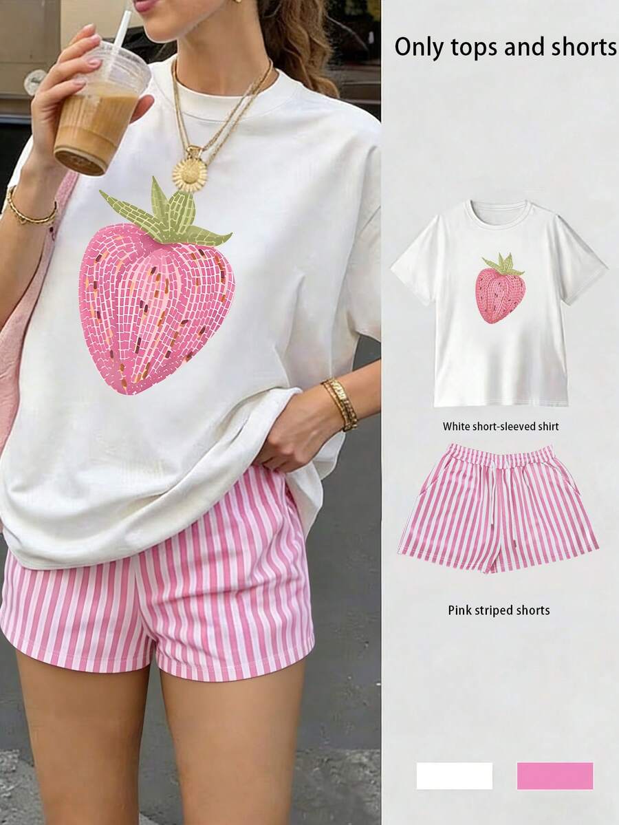 INAWLY 夏季新品，女士常规T恤短裤套装，清爽舒适的夏季套装，甜美草莓印花图案，经典条纹印花，图案设计，日常休闲穿着，休闲服 - 彩色 - 查看 1