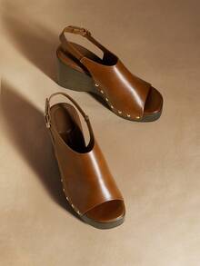 Rosivie 女士棕色铆钉露趾厚底坡跟凉鞋，性感时尚简约法式风格厚底夏季凉鞋 - 暗紅 - 查看 2