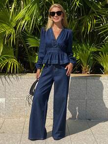 DAZY Women's V-Neck Top & Flare Jeans Set - Blue - View 3