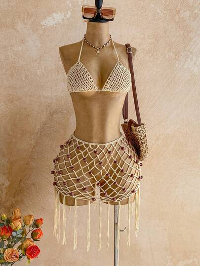 Soleia Beach Style Hollow Knit Camisole Top + Mini Skirt Set