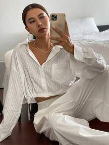 Livesso Women Solid Color Turndown Collar Long Sleeve Drawstring Hem Blouse Summer Crop Women Tops - White - View 6