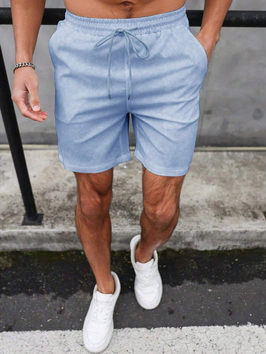 Manfinity Homme Men's Solid Color Slant Pocket Drawstring Waist Casual Shorts, Spring/Summer - Dusty Blue - View 1