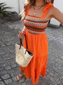SHEIN Holidaya Women's Crochet Patchwork A-Line Dress, Romantic Vacation Style, Elegant Women's Summer Dresses Women's Summer Outfits Summer Outfit For Women Beachwear Dress Bohemian Outfit For Women Dress Boho - Orange - View 1