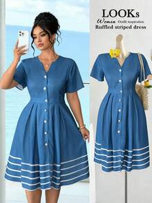SHEIN Elenzya Vestido de verano elegante y de gran tamaño tejido al estilo francés para mujer - Azul - Ver 1