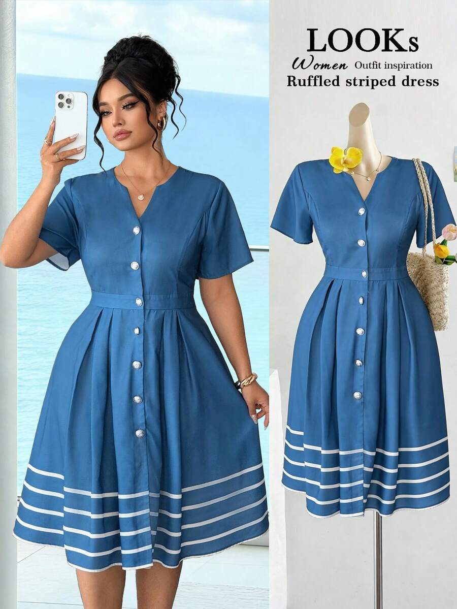 SHEIN Elenzya Vestido de verano elegante y de gran tamaño tejido al estilo francés para mujer - Azul - Ver 1