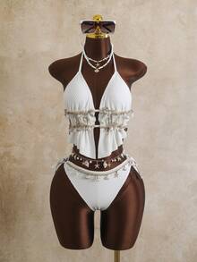 Swim Mod Plus Size Women's 2026 Spring/Summer New Fashionable Sexy Solid Color Halter Bikini Swimwear Set - Beige - View 1