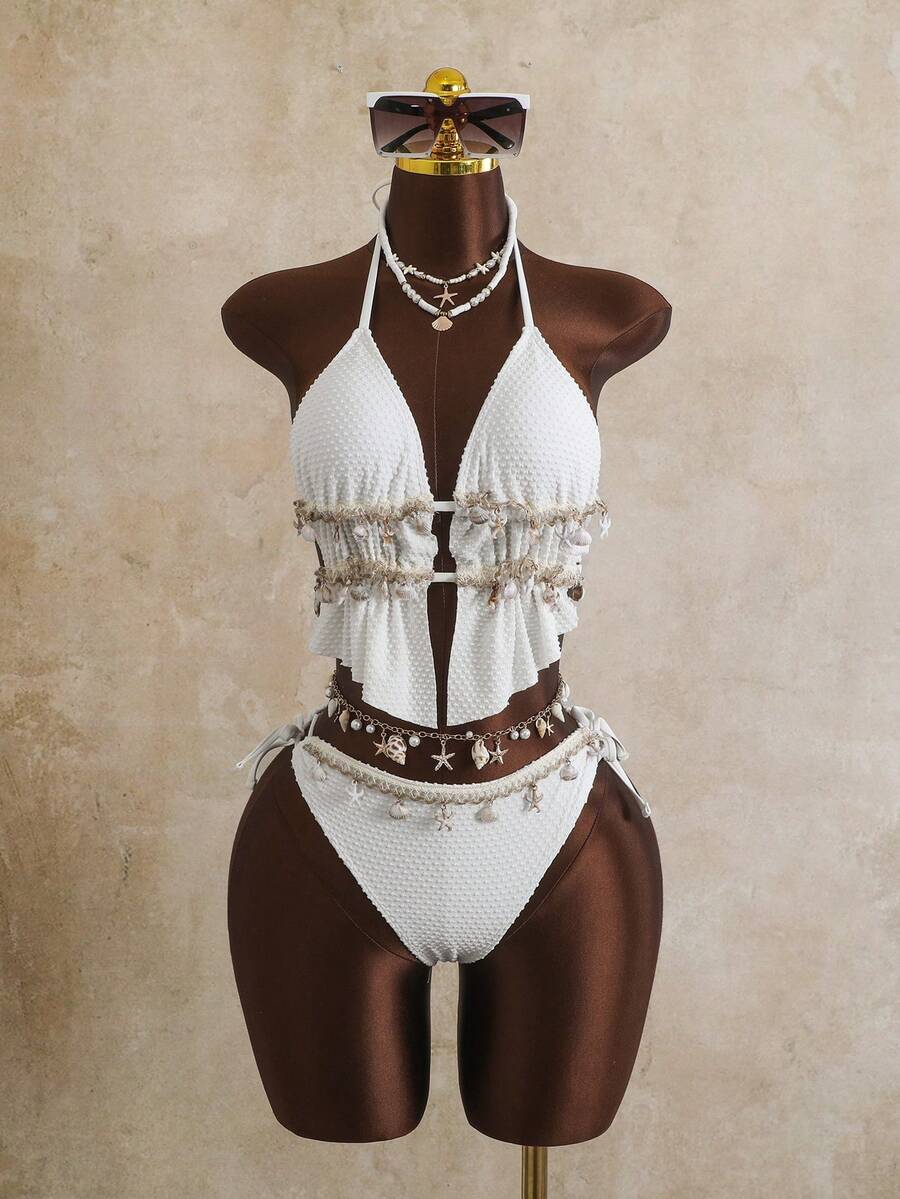 Swim Mod Plus Size Women's 2026 Spring/Summer New Fashionable Sexy Solid Color Halter Bikini Swimwear Set - Beige - View 1