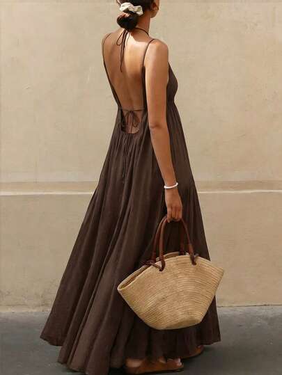 Cévolie 大码女装春夏新款连衣裙，法式度假风露背系带性感连衣裙，休闲复古宽松黑色连衣裙，春季沙滩连衣裙，性感V领休闲连衣裙，嘉年华服装，宽松飘逸度假连衣裙