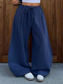 Dazy Plus Pantalon ample à taille coulissante avec poches en biais, couleur unie, coupe large, tailles grandes - Bleu marine - Voir 9