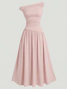 Girlism Tween Girls' Elegant Ruched Waist A-Line Long Dress, Knitted Asymmetric Collar, Versatile Simple Pink Mini Dress - Pink - View 2