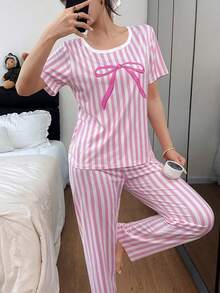 SHEIN Pink Striped Bow Print Short Sleeve Pajama Set For Women - Multicolor - View 4