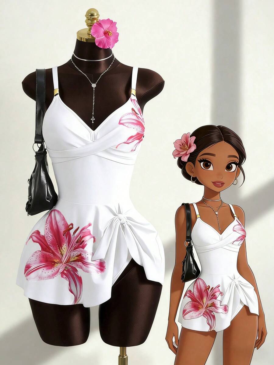 Zestiva Hot Selling Spring/Summer Beach Vacation Adjustable Strap Metal Accessory Floral Print Swimsuit 2 Pieces Set (Strap + Triangle Bottoms) - Multicolor - View 1