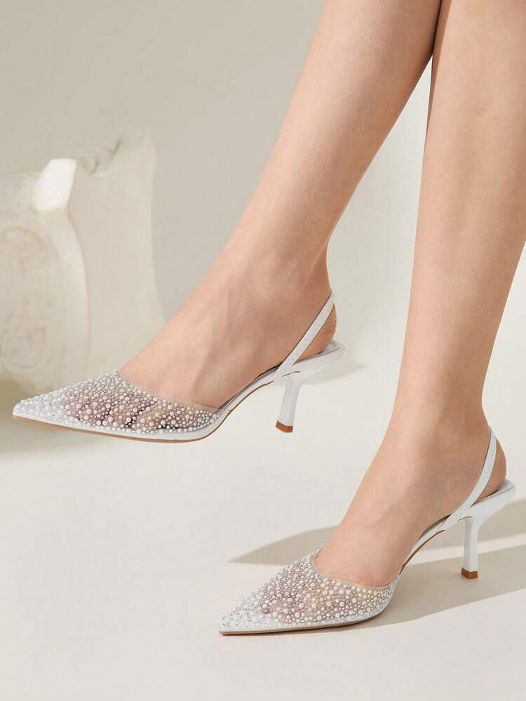 CUCCOO CHICEST Women's Pearly Rhinestone Decorated White Transparent Strap High Heel Sandals, Sexy Elegant Closed Toe Pointed Toe Backless Ladies Shoes For Christmas Elegant Shoes Wedding Shoes Summer Shoes Bride Shoes