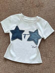 女士休闲圆领短款T恤，带星星贴花 - 白色 - 查看 1