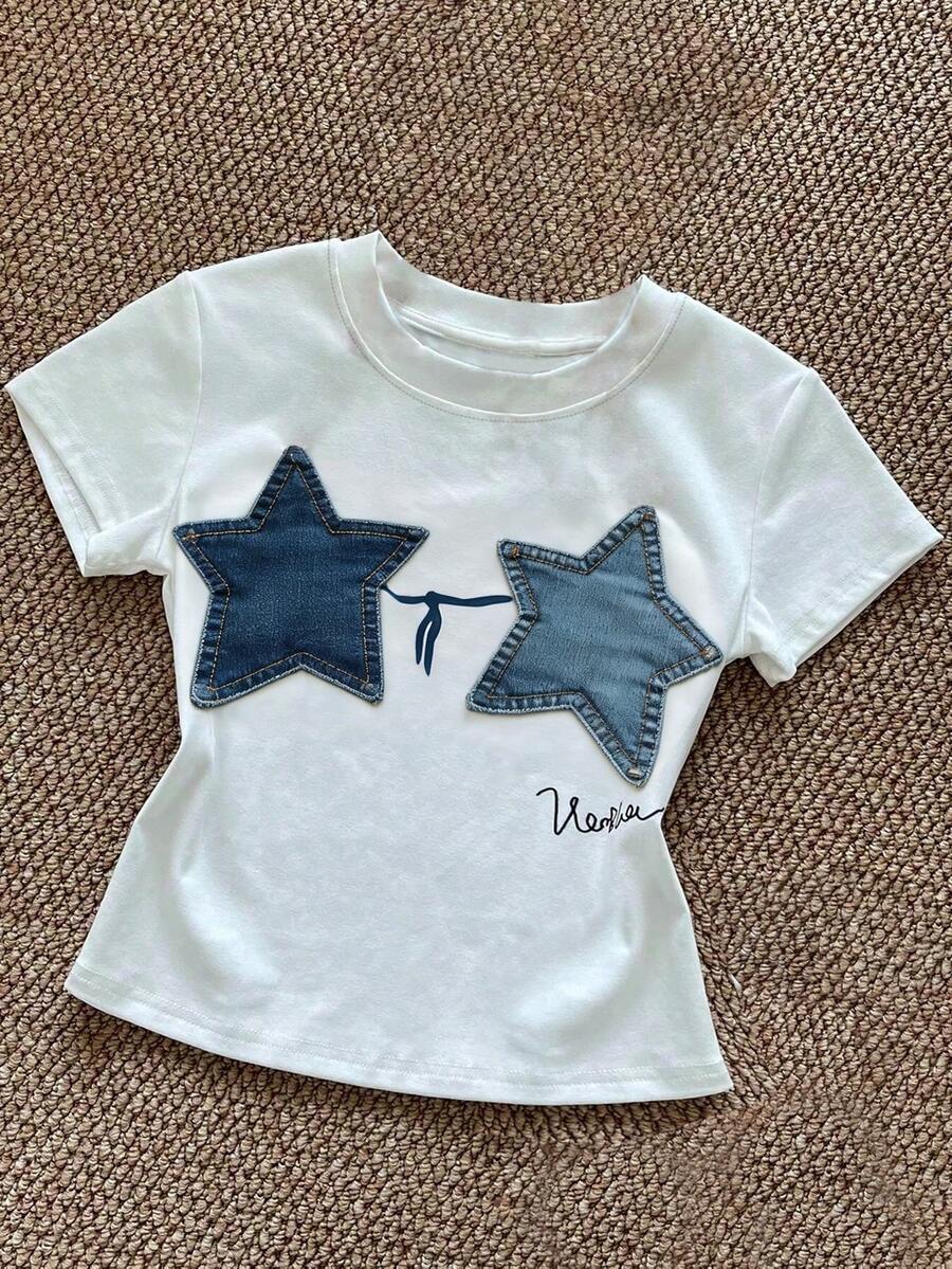 女士休闲圆领短款T恤，带星星贴花 - 白色 - 查看 1