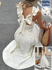 Serisse 女士度假纯色方领荷叶边露背系带中长连衣裙 - 杏色 - 查看 2