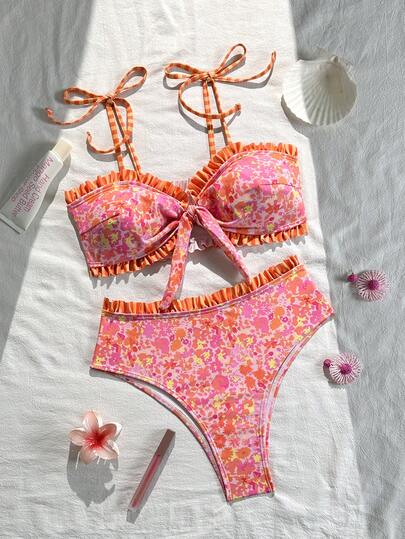 Swim Mod Women's Pink Floral & Orange Striped Spaghetti Strap Sexy Beach Vacation Swimsuit Set