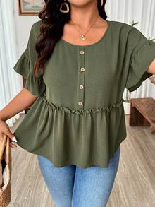 Weeklong Plus Size Women's Military Green Crinkle Fabric Wood Button Ruffle Trim Round Neck Short Loose Blouse, Casual Vacation Comfortable Outerwear, Spring/Summer Premium Tops For Women Tops For Ladies Casual Tops For Women New Arrivals Blouse For Women Casual - Army Green - View 4
