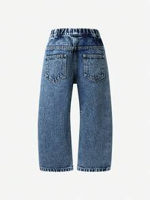Girls' Heavy Washed Heart Patch Elastic Waist Loose Jeans - Medium Wash - View 2