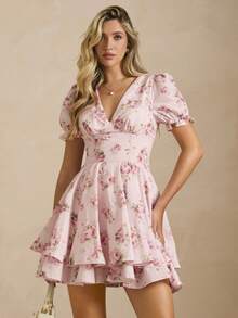 Enchnt Vestido ajustado de manga corta con cuello en V rosa, lindo y dulce - Rosa - Ver 6