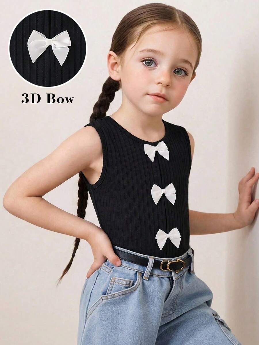 Young Girl Black Sleeveless Top With White Bow Collar, Girl Sleeveless Tops, Bow Top Little Girls, Bow Top Girls, Black White Bow Top,,Kids - Black and White - View 1