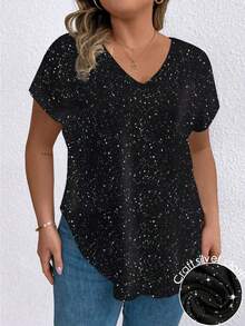 EMERY ROSE Silver-Plated Finish, Large-Sized Women's V-Neck Casual T-Shirt With A Curved Hemline And Overlay. - Black - View 1