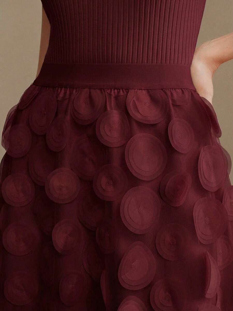 Anewsta 高品质时尚女式标准尺码优雅A字网纱半身裙，适合日常、约会和通勤穿着。 - 酒紅色 - 查看 1