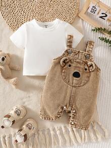 SHEIN Baby Boy Cartoon Graphic 3D Ear Design Denim Romper - Khaki - View 3