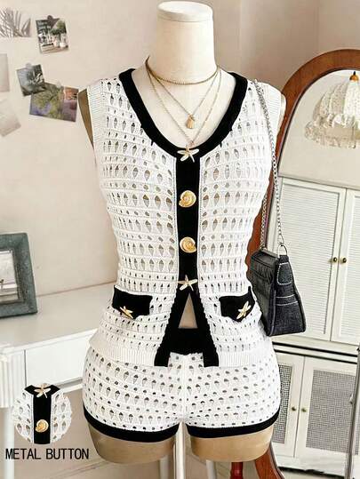 Breezaya Spring/Summer Unique High-End Knit Set, White & Black Contrast Hollow-Out Knit Vest + Shorts, Starfish & Shell Decor Unique & Eye-Catching, Contrast Color Details Exquisite, Slim Fit Flattering Silhouette, Niche Yet Elevated Spring/Summer Outfit