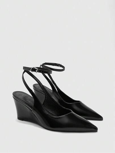 CUCCOO BIZCHIC Women Shoes Outdoor Women's Pointed Wedge Heel Black Pu Light Fabric, Stylish, Simple And Comfortable, Buckle For Daily Parties And Banquets, Exposed Heel Solid Color Shoes