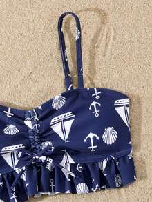 Tween Girl Vacation Casual Anchor & Sailboat Print Swimsuit Set - Dusty Blue - View 3